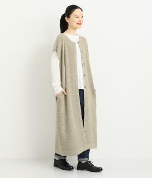 アクリルウール鹿の子編みロングベスト(ベージュ-F)