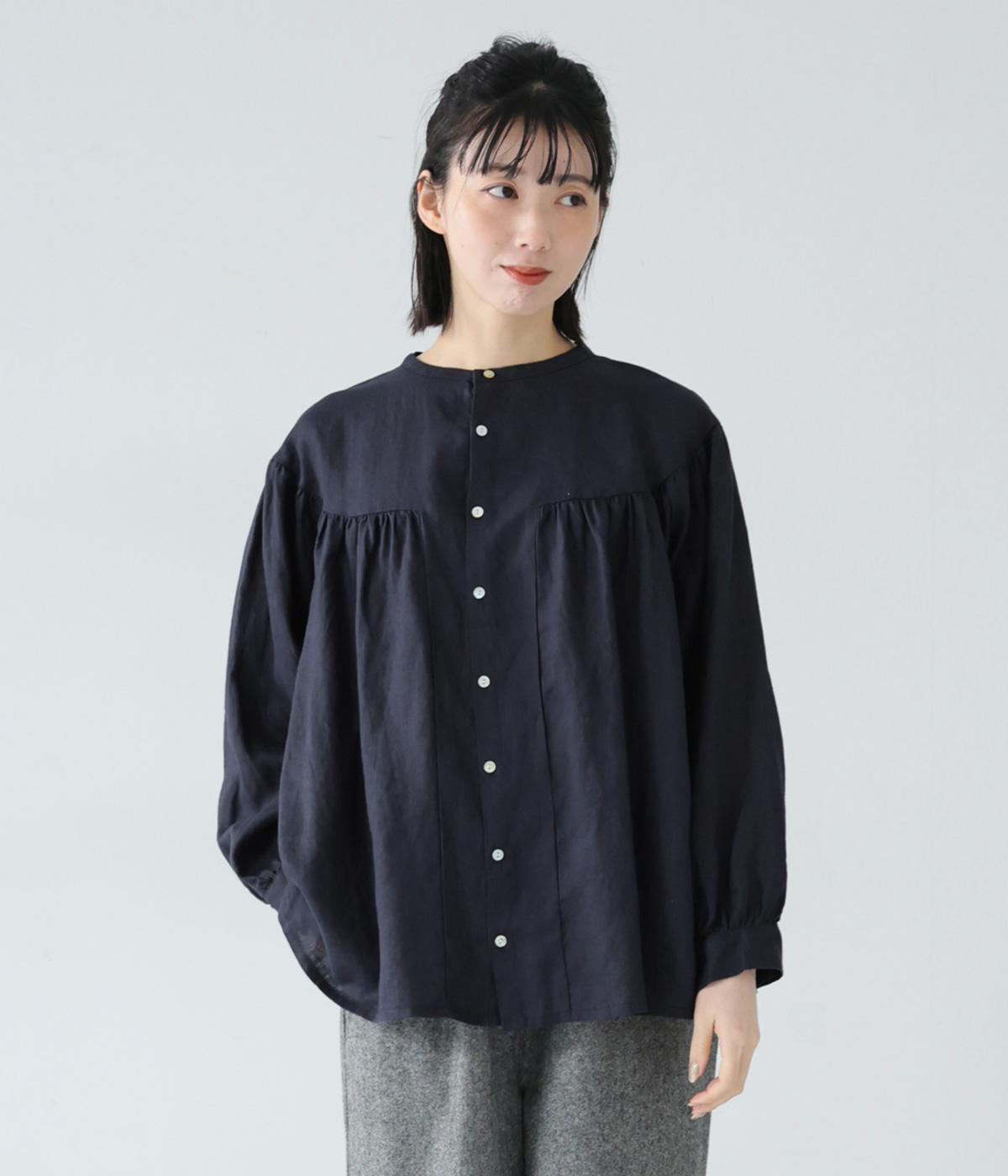 14番手リネンギャザー切り替えボリュームブラウス(ネイビー-F)