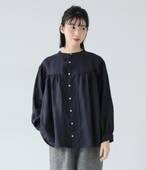 14番手リネンギャザー切り替えボリュームブラウス(ネイビー-F)