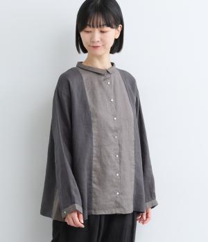 14番手リネン配色切り替えチビ襟シャツブラウス(チャコール×アッシュグリーン-F)
