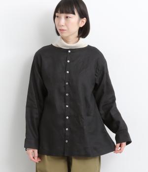 14番手リネン前後着ノーカラーブラウス(ブラック-F)