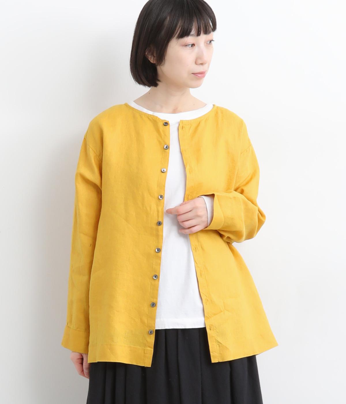 14番手リネン前後着ノーカラーブラウス(イエローマスタード-F)