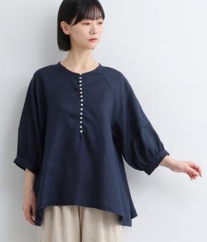 14番手リネン多ボタン7分袖ブラウス(ネイビー-F)