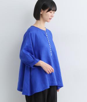 14番手リネン多ボタン7分袖ブラウス(ロイヤルブルー-F)