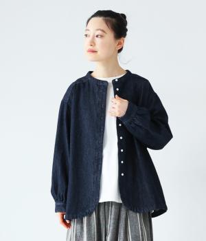 リネンコットンデニムバンド襟シャツブラウス(インディゴ-F)