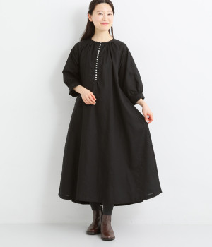 コットンリネン 5分袖多ボタンワンピース(ブラック-ONESIZE)
