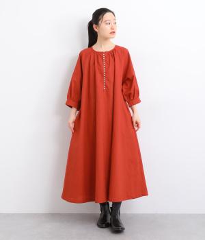 コットンリネン 5分袖多ボタンワンピース(テラコッタ-F)