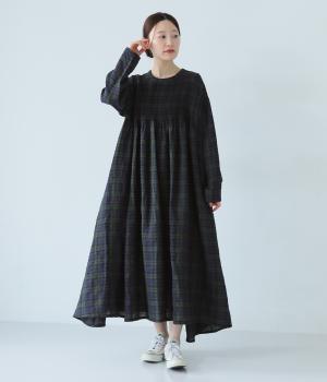 14番手リネン2wayピンタックワンピース(ブラックウォッチ-ONESIZE)
