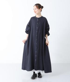 14番手リネン袖口ゴム仕様前あきワンピース(ネイビー-F)