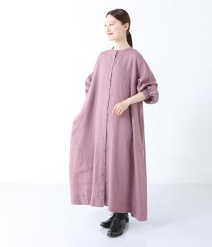 14番手リネン袖口ゴム仕様前あきワンピース(ダスティパープル-F)