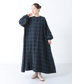 14番手リネン袖口ゴム仕様前あきワンピース(ブラックウォッチ-F)