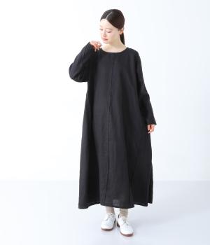 14番手リネンランダム切り替えワンピース(ブラック-F)