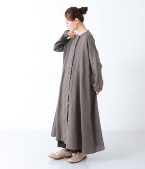 14番手リネンダブルボタン切り替えワンピース(チャコール-F)