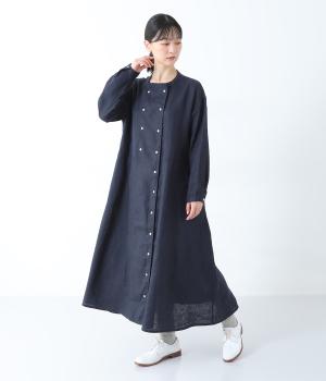 14番手リネンダブルボタン切り替えワンピース(ネイビー-F)
