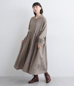 14番手リネンラウンド襟ギャザーワンピース