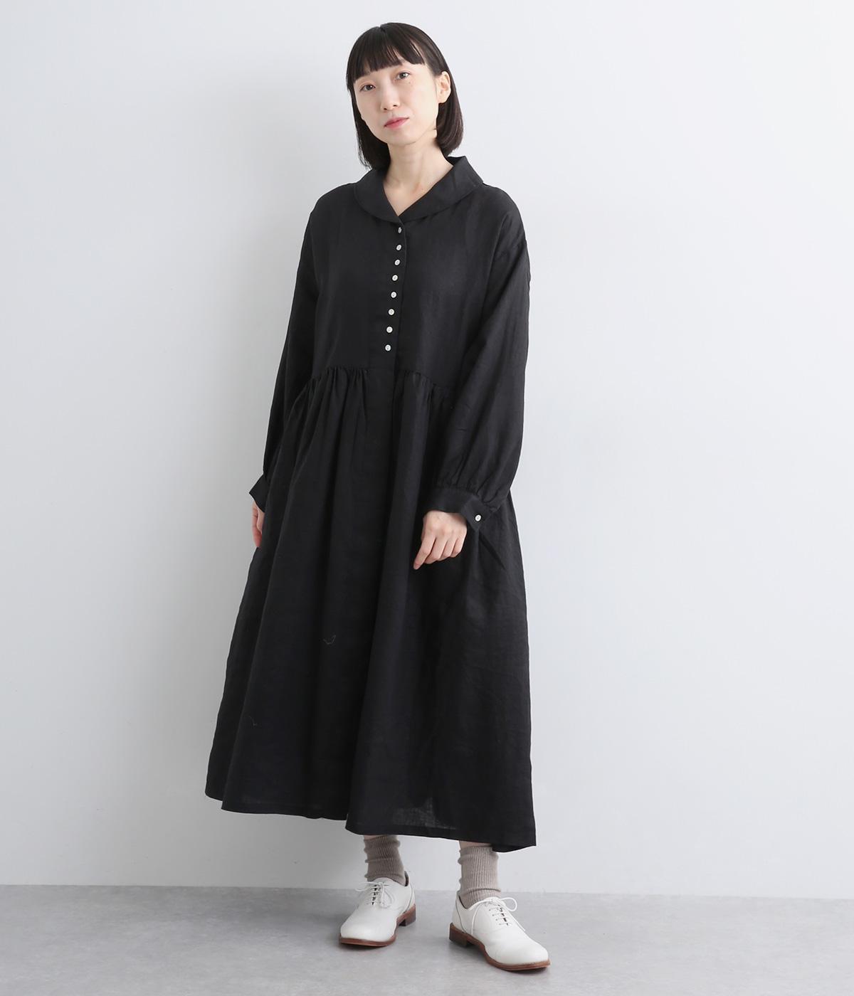 14番手リネンラウンド襟ギャザーワンピース(ブラック-F)
