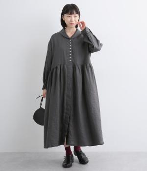 14番手リネンラウンド襟ギャザーワンピース(アッシュグリーン-F)