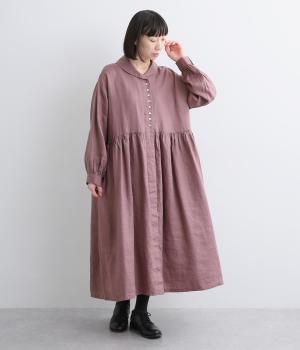 14番手リネンラウンド襟ギャザーワンピース(ダスティパープル-F)