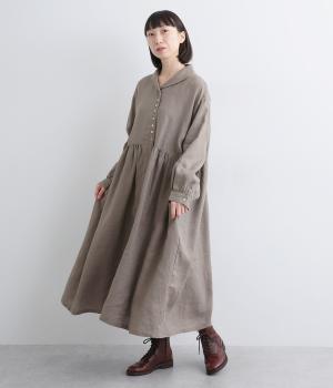 14番手リネンラウンド襟ギャザーワンピース(アッシュグレー-F)
