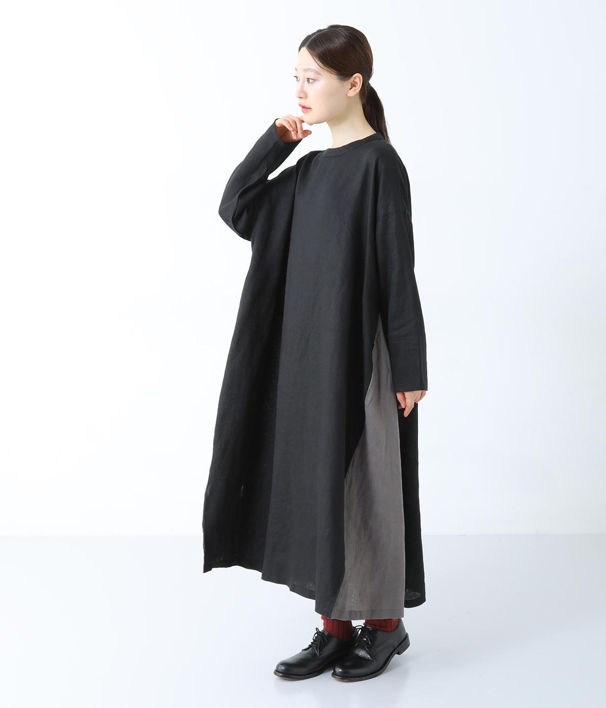 14番手リネンサイド配色切り替えワンピース(ブラック×チャコール-F)