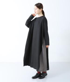 14番手リネンサイド配色切り替えワンピース(ブラック×チャコール-F)