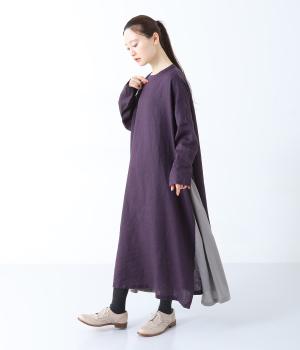 14番手リネンサイド配色切り替えワンピース(パープル×アッシュグレー-F)