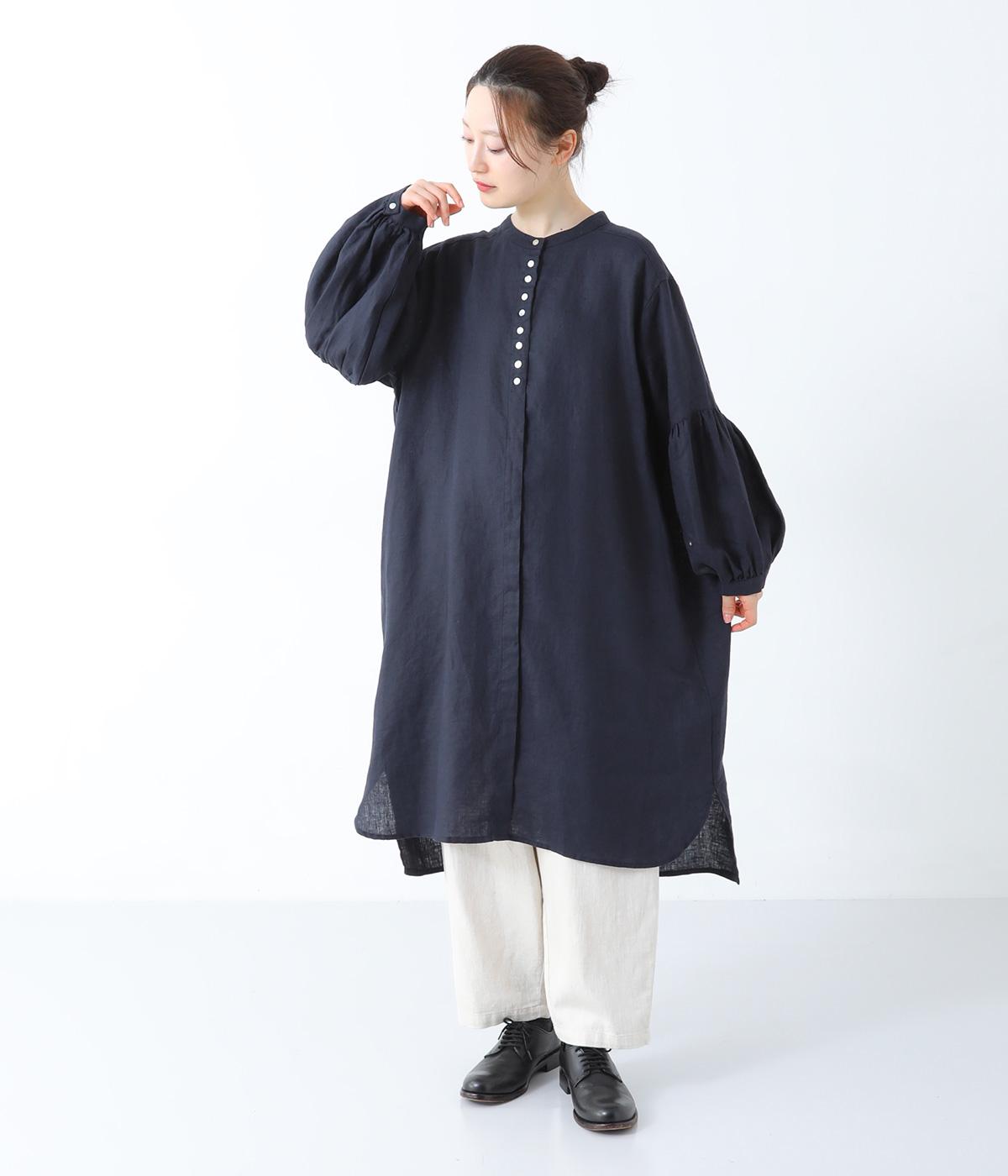 14番手リネンボリューム袖隠しボタンチュニック(ネイビー-F)
