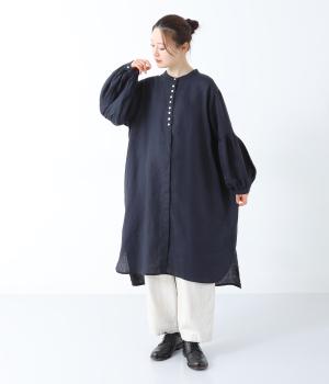 14番手リネンボリューム袖隠しボタンチュニック(ネイビー-F)