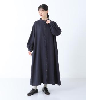 コットンリネンボリューム袖ワンピース(ネイビー-F)