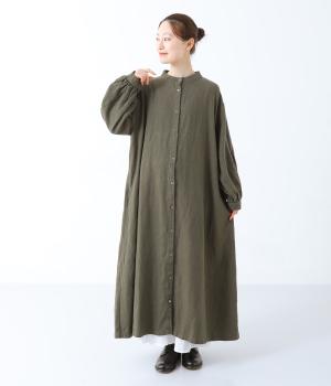 コットンリネンボリューム袖ワンピース(カーキ-F)