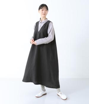 リネン重ね着風シャツワンピース(ブラック×スチールグレー-F)