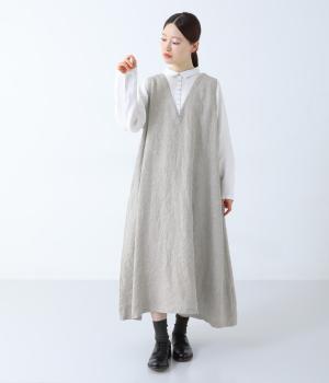 リネン重ね着風シャツワンピース(グレージュ×オフ-F)