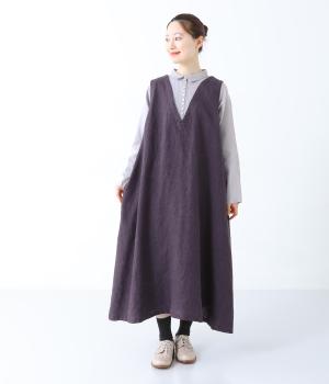 リネン重ね着風シャツワンピース(パープル×スチールグレー-F)