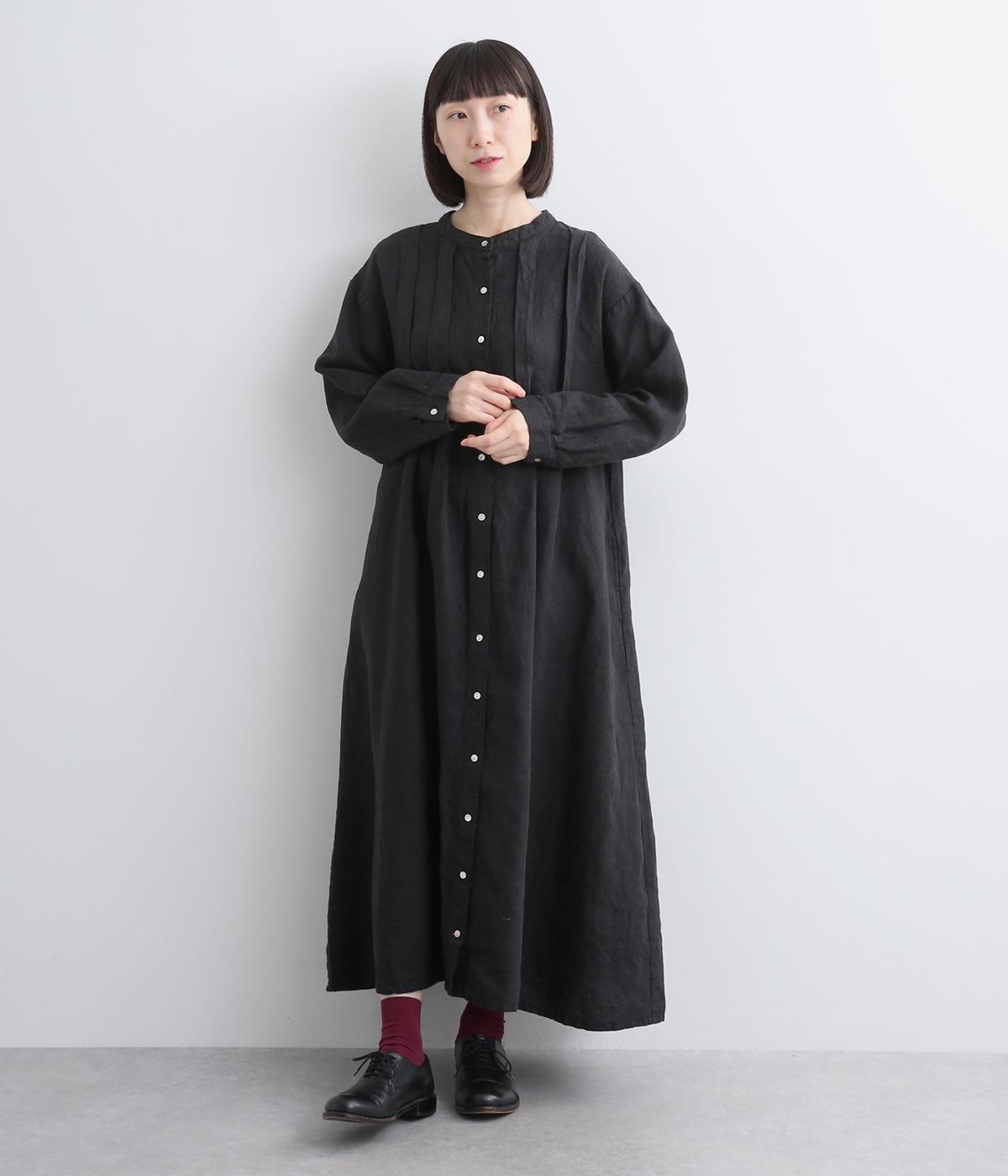 9番手リネンワイドピンタックワンピース(ブラック-F)