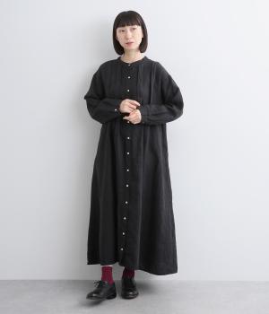 9番手リネンワイドピンタックワンピース(ブラック-F)