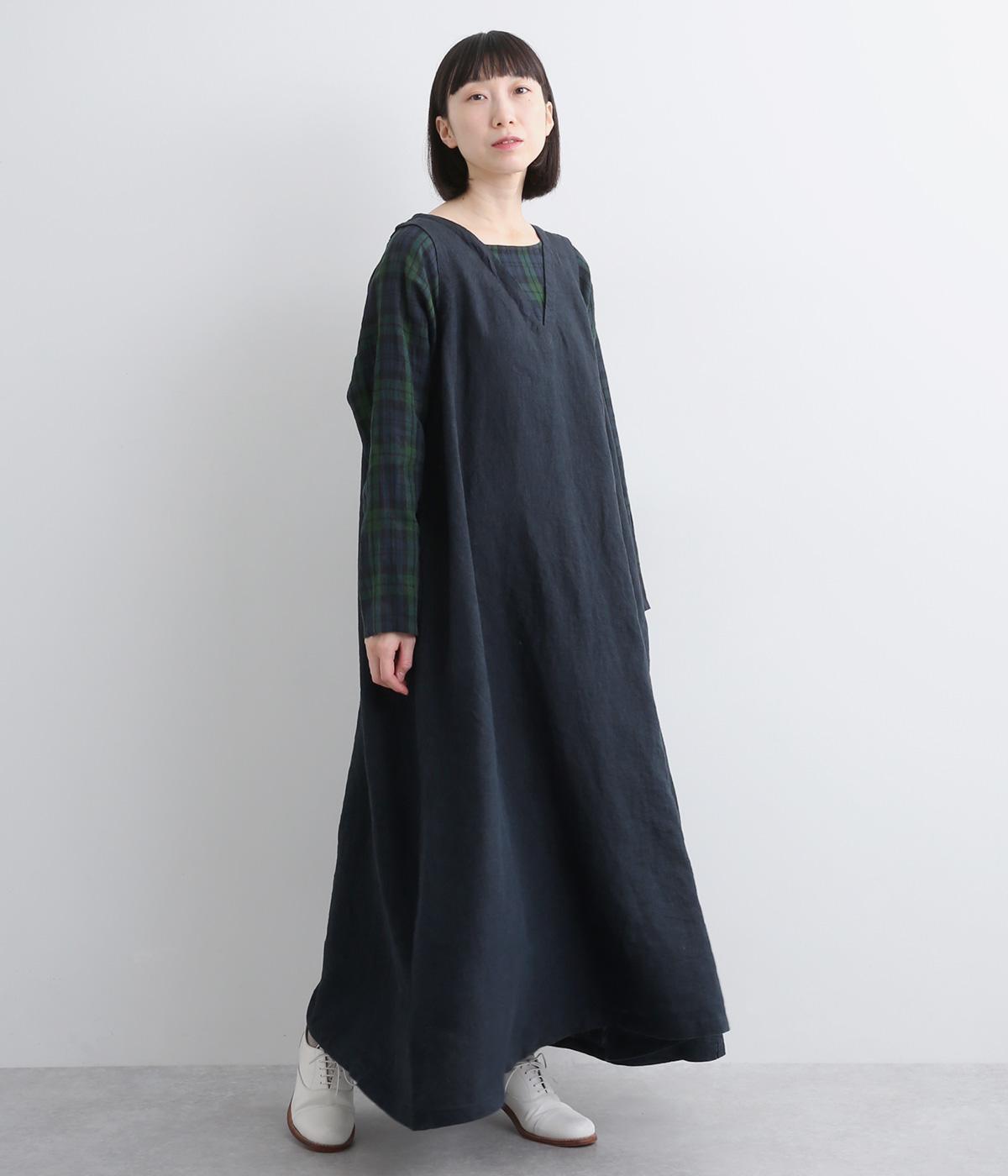 リネン重ね着風ワンピース(ネイビー×ブラックウォッチ-F)