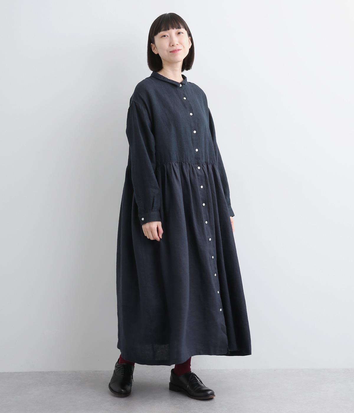 14番手リネン×9番手リネンギャザーワンピース(ネイビー×ネイビー-F)