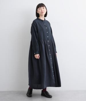 14番手リネン×9番手リネンギャザーワンピース(ネイビー×ネイビー-F)