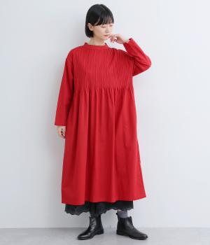コットンリネン細ピンタックワンピース(レッド-F)