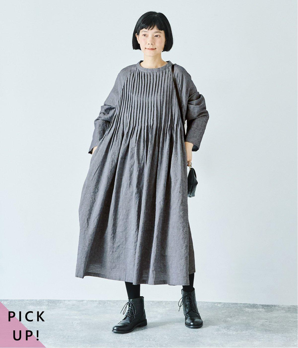 リネンコットンオックスラグラン袖ピンタックワンピース(ブルーグレー-F)
