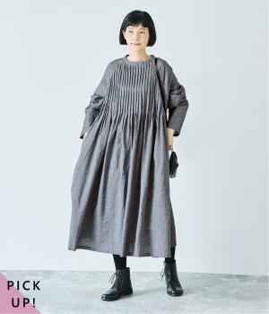 リネンコットンオックスラグラン袖ピンタックワンピース(ブルーグレー-F)