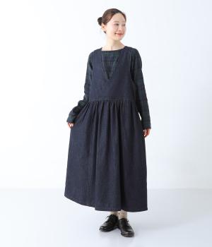 リネンコットンデニム後ボタンジャンパースカート(インディゴ-F)