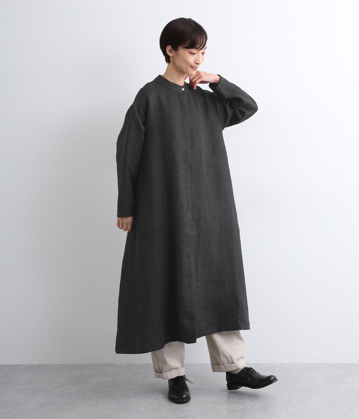 9番手リネンツイル起毛隠しボタンワンピース(ブラック-F)