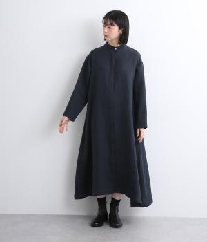 9番手リネンツイル起毛隠しボタンワンピース(ネイビー-F)