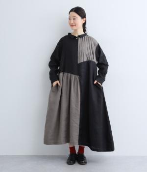 14番手リネンアシンメトリーピンタックギャザーワンピース(ブラック×チャコール-F)