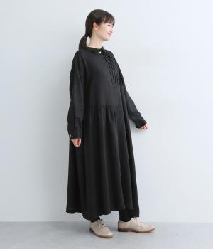 14番手リネンアシンメトリーピンタックギャザーワンピース(ブラック×ブラック-F)
