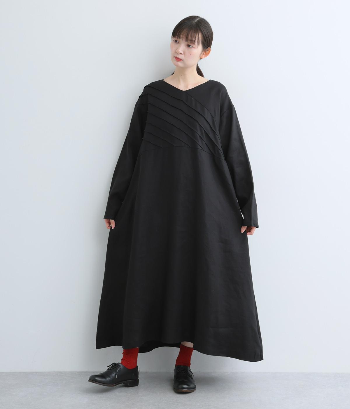 14番手リネンバイヤス切り替えワンピース(ブラック-F)