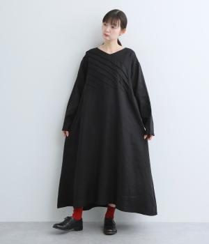 14番手リネンバイヤス切り替えワンピース(ブラック-F)