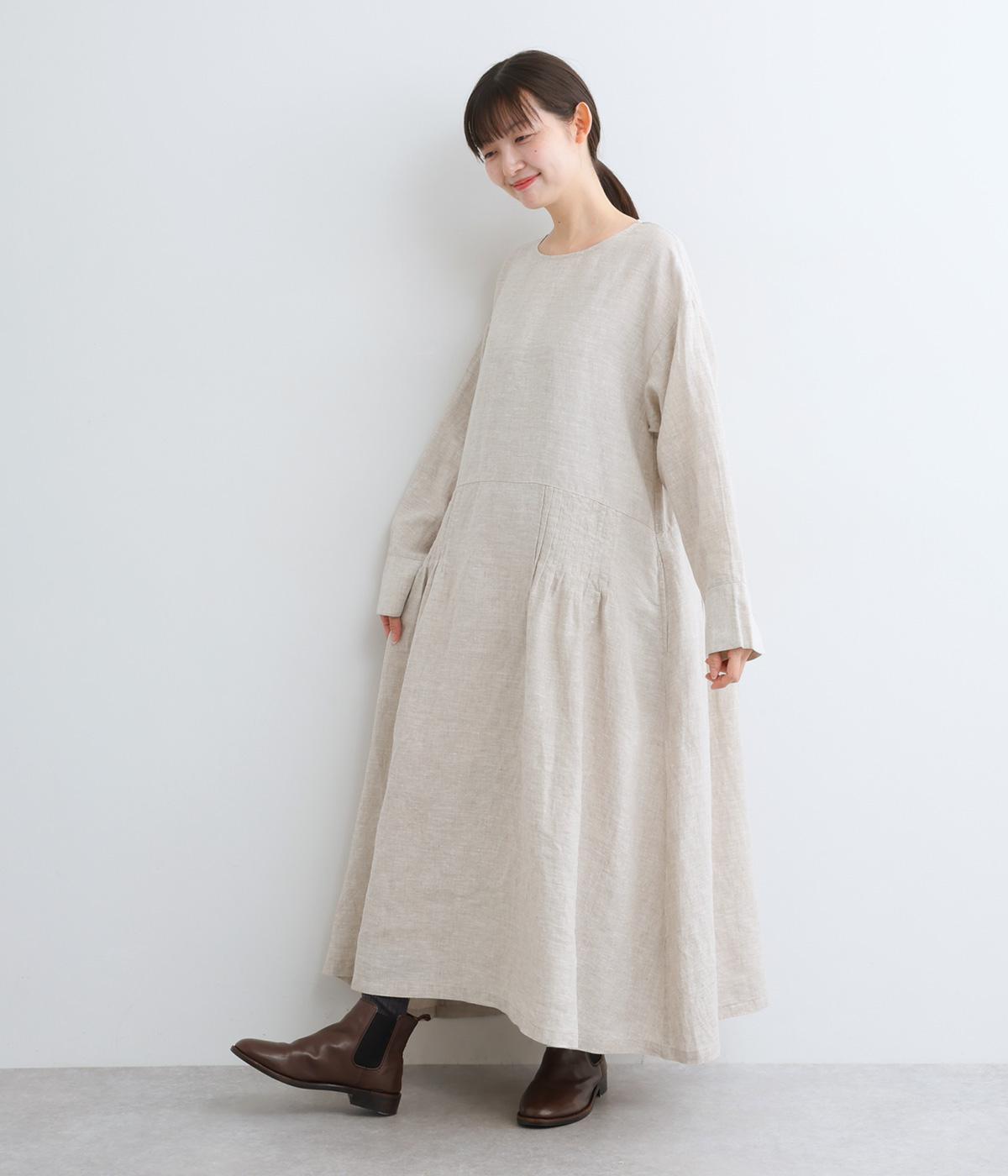 14番手リネンローウエストピンタックワンピース(キナリ-F)