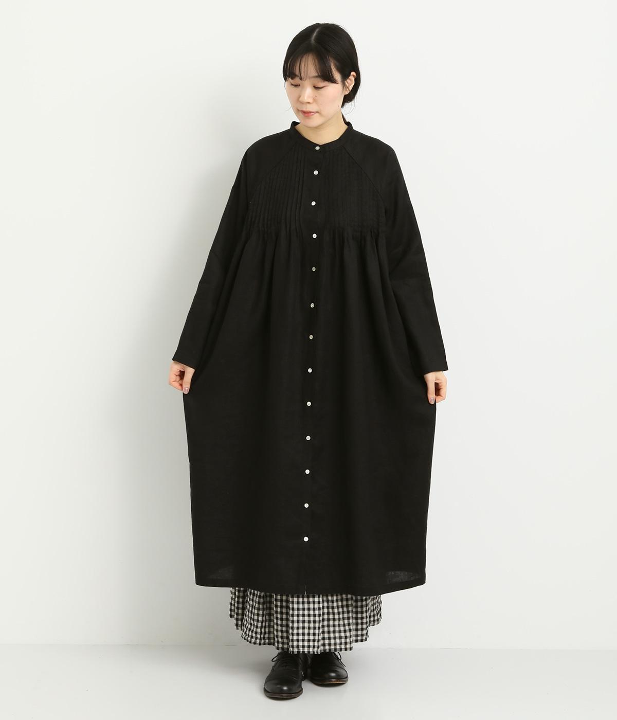 14番手リネンラグランスリーブ前あきワンピース(ブラック-F)